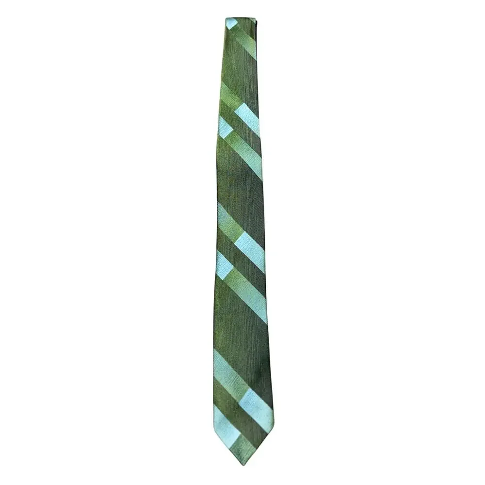 Vintage Lion Skinny Neck Tie Green Stripe Italian Silk Business Casual 60s Retro